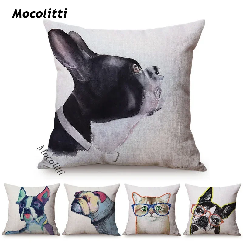 

Декоративная подушка для домашних животных, наволочка из хлопка и льна с рисунком кошки, бульдога, автомобиля, дивана