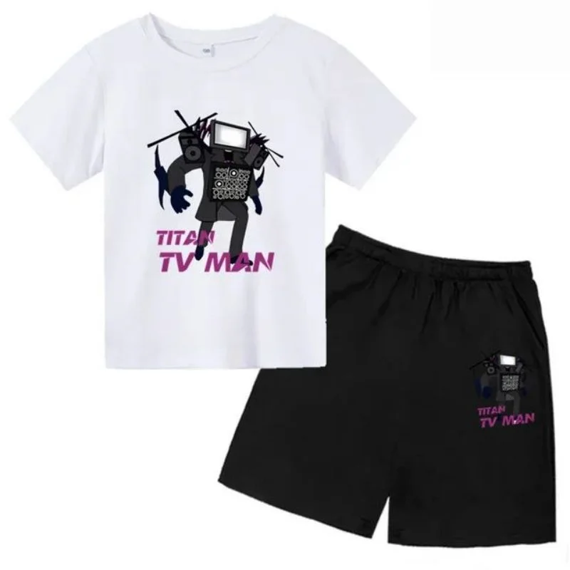 thumbnail image 1 of Conjunto de camiseta y pantalones cortos de manga corta para niño y niña, traje informal de moda para niño, 2 piezas, con estampado de baño Skibidi, 1 of 5