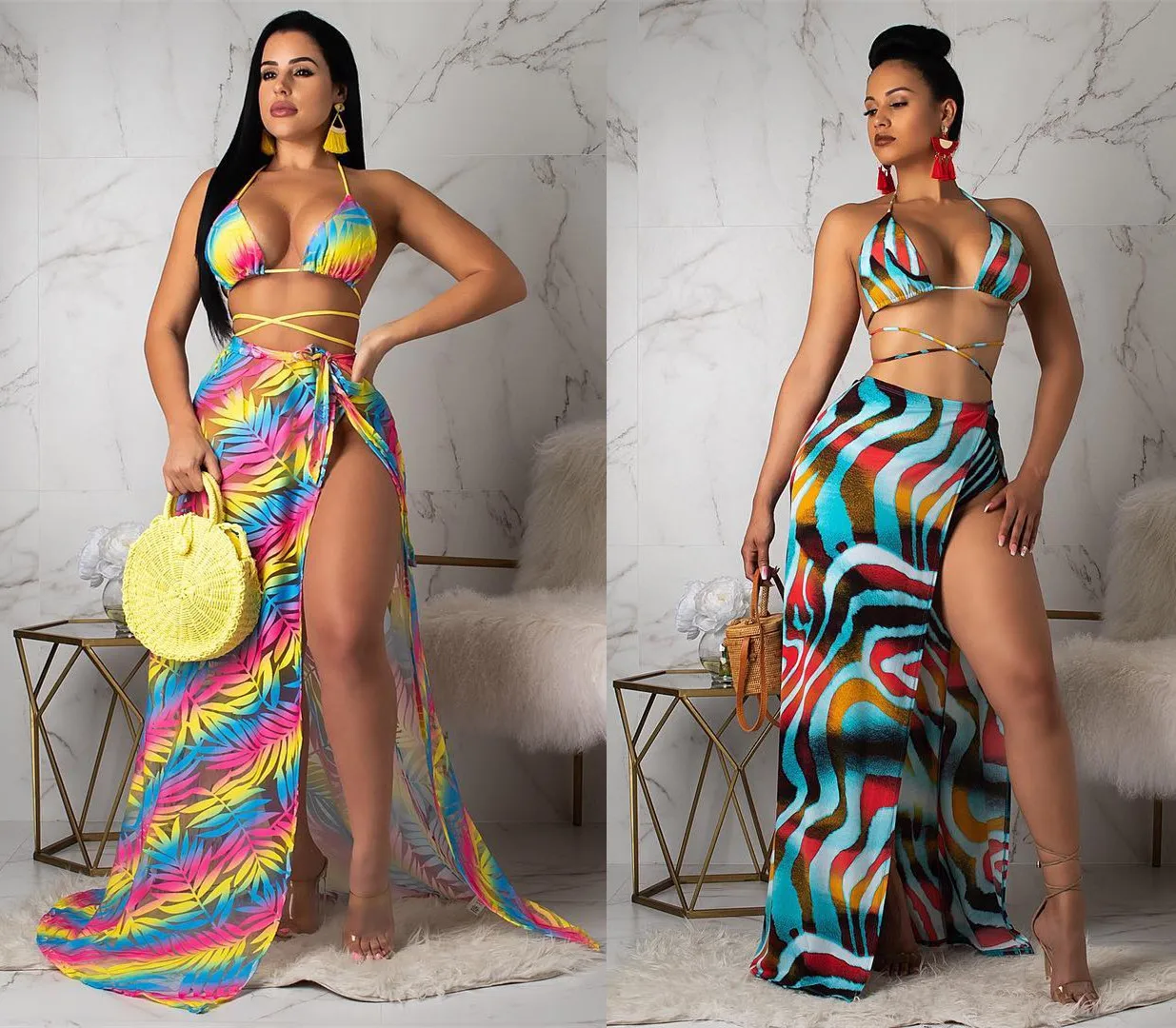 Y5097 European and American Women's Summer Sexy Bikini Swimwear Chiffon Coat Cloak Fashion Three Piece Set