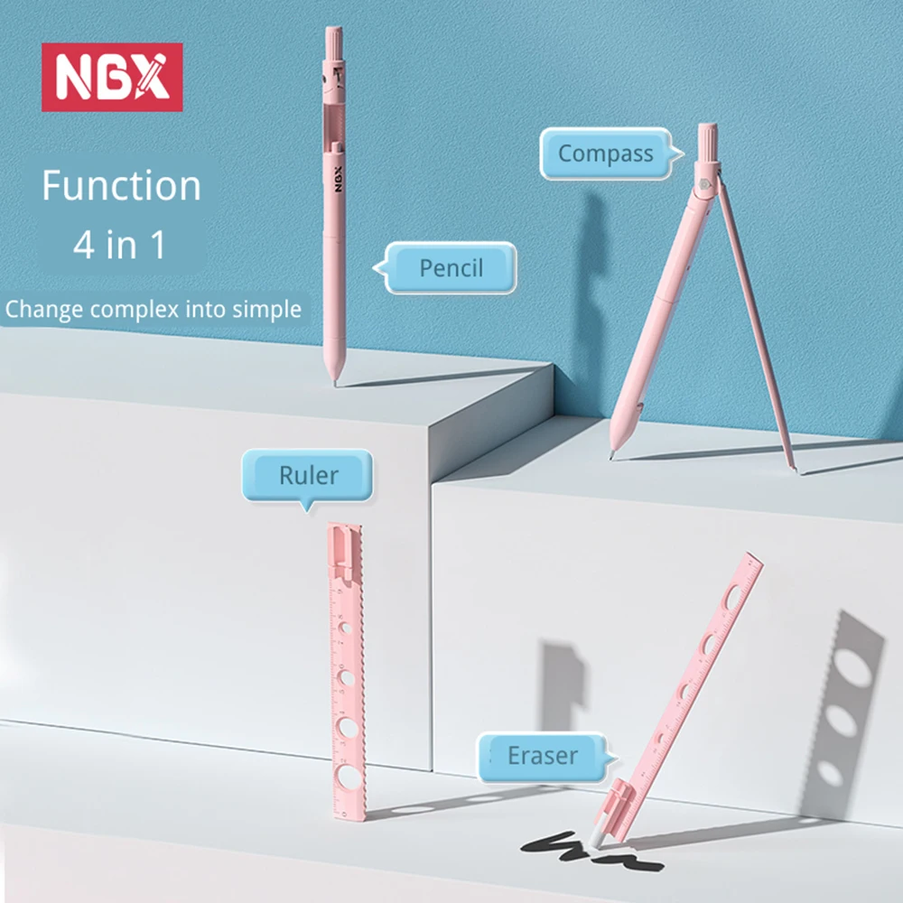 NBX 전문 나침반, 기계 연필, 수학 기하학 그리기 도구, 0.7mm 리드, 6 지우개 및 눈금자 문구