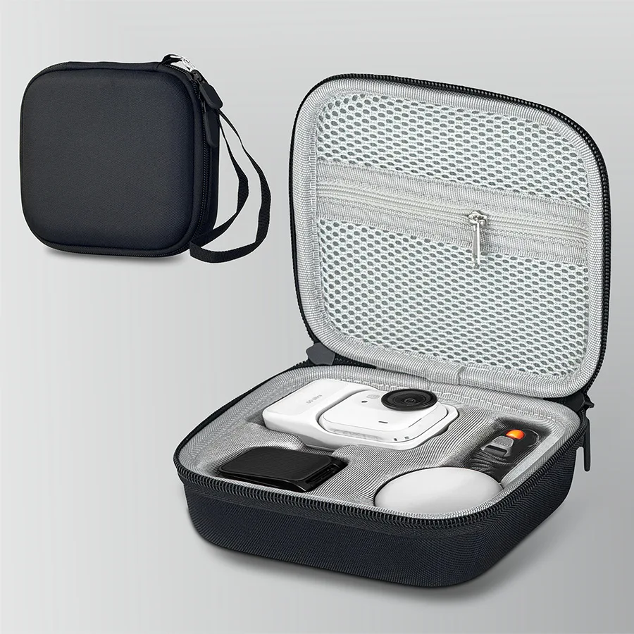 Coque de transport avec rangement pour accessoires, vue de dessus avec compartiments.