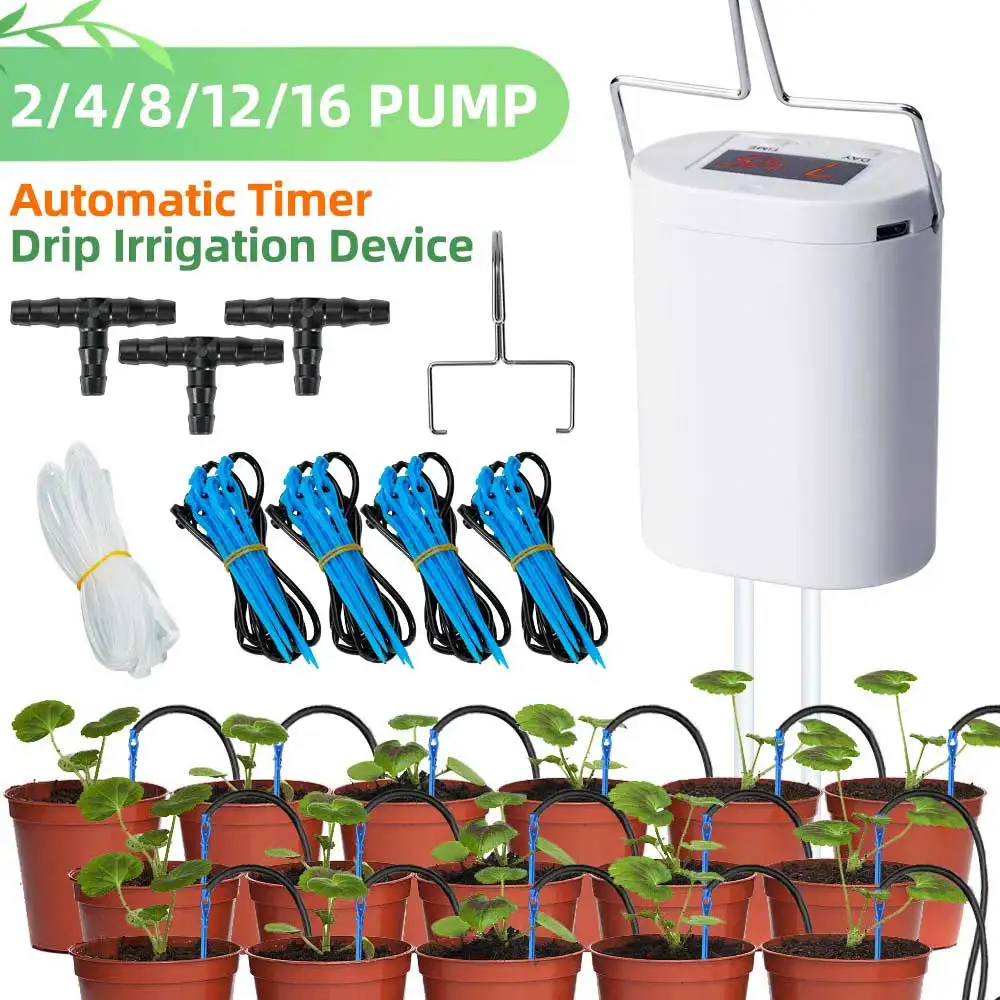 

Automatic Plant Flower Watering Pump Home Sprinkler Drip Irrigation Device 2/4/8/16 Heads Pump Timer System Kit Garden Tool