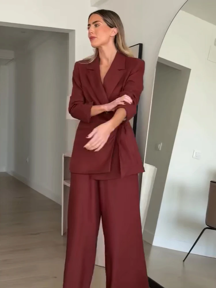 Women's Blazer Long Pants Suit Sets Or Spring Female Chic Lace Up Blazers Jacket Or Lady OL Casual Wide Leg Trousers - 4