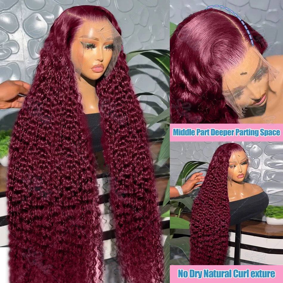 99J Burgundy Deep Wave 13x4 13x6 HD Transparent Lace Frontal Wigs Remy Water Curly 30 32 Inch for Women