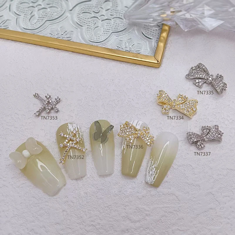 5PCS/3PCS New Luxury Metal Zircon Nail Charms LZ Castle Style Bow Pendant Zircon Nail Parts Nail Supplies For Professionals 4