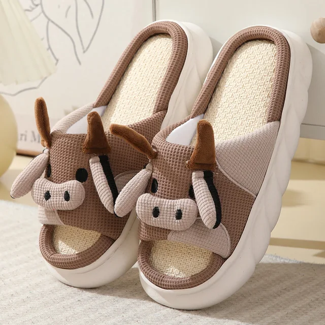 Zapatillas de lino de vaca y leche para hombre y mujer, sandalias de Interior para las cuatro estaciones, toboganes de dibujos animados para adultos, zapatos transpirables para el hogar para parejas, gran oferta - Image 4