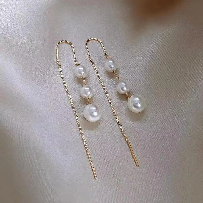Earring Korean Imitation Pearl Tassel Drop Shiny Zircon Flower Leaf Long Geometric for Women