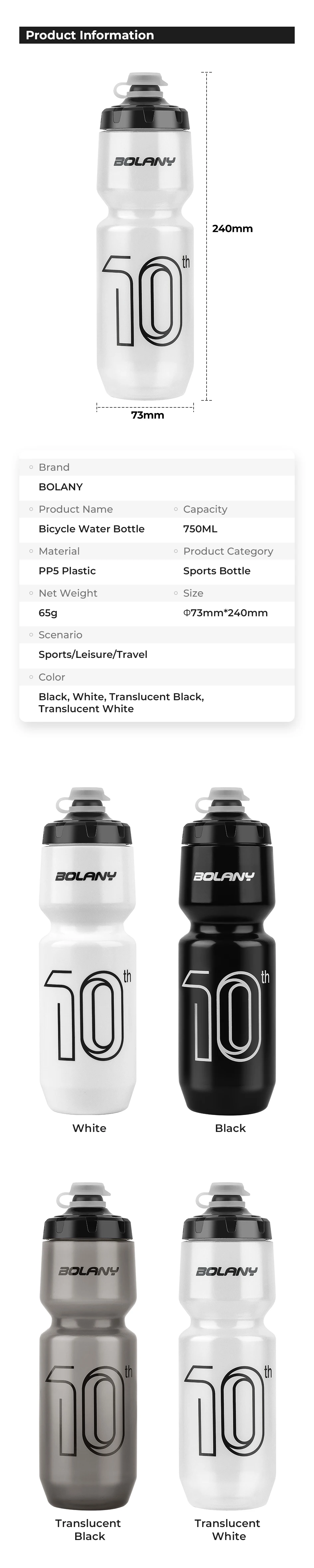 BOLANY Sportflasche 10th Gummi Transparenter Kunststoff mit Deckel Flasche 750ML Tragbarer Squeeze Drinking Outdoor Radfahren Wasserkocher – Detail 3