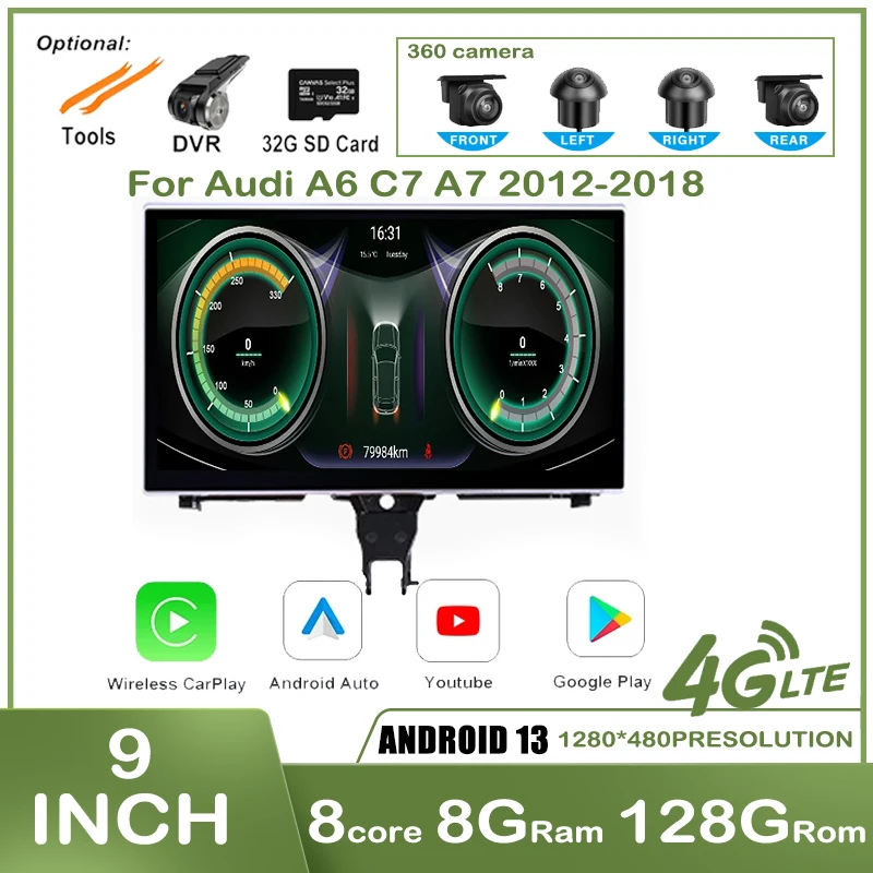 

9" IPS Screen Android 13 For Audi A6 C7 A7 2012 - 2018 Wireless Carplay Car Player Multimedia Radio Stereo Video GPS Navigation