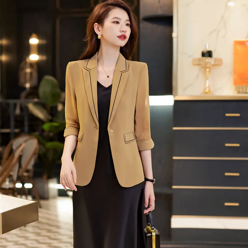 Summer New In Mesh Sleeves Thin Blazer and Satin Spaghetti Strap Dress Sets Two Piece Set Chic Elegant Ladies Dresses Suit