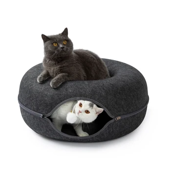24 Inch Large Donut Cat Bed - Spacious Peekaboo Cat Cave for Multiple Cats Up to 30 Lbs, Detachable and Washable Wool Felt Tunne 6