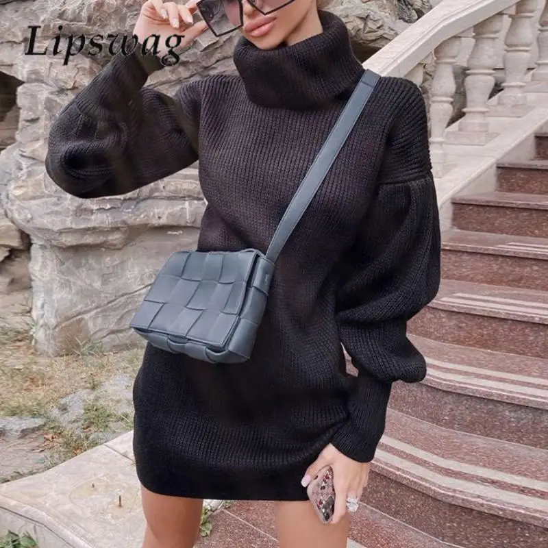 

Elegant Lantern Sleeve Jumper Commuter Dress Chic Turtleneck Party Mini Dress Ladies Knitted Solid Color Versatile Sweater Dress