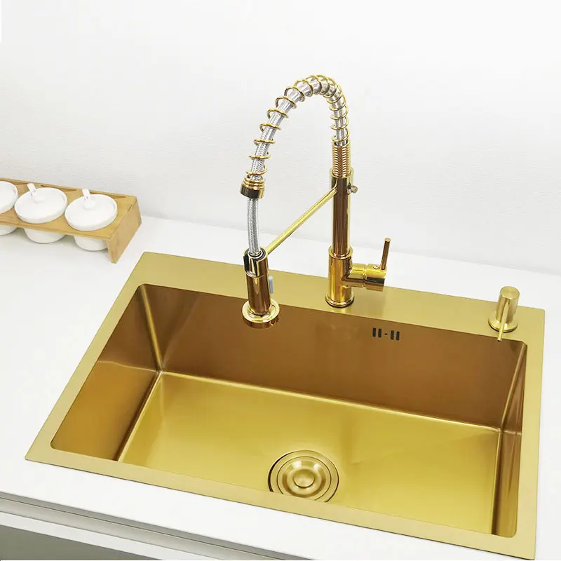 Gold kitchen sink Single Sink Bowl SUS304 Stainless Steel Kitchen Towel Basket Strainer Golden  Washing Basin Kitchen Sinks 4