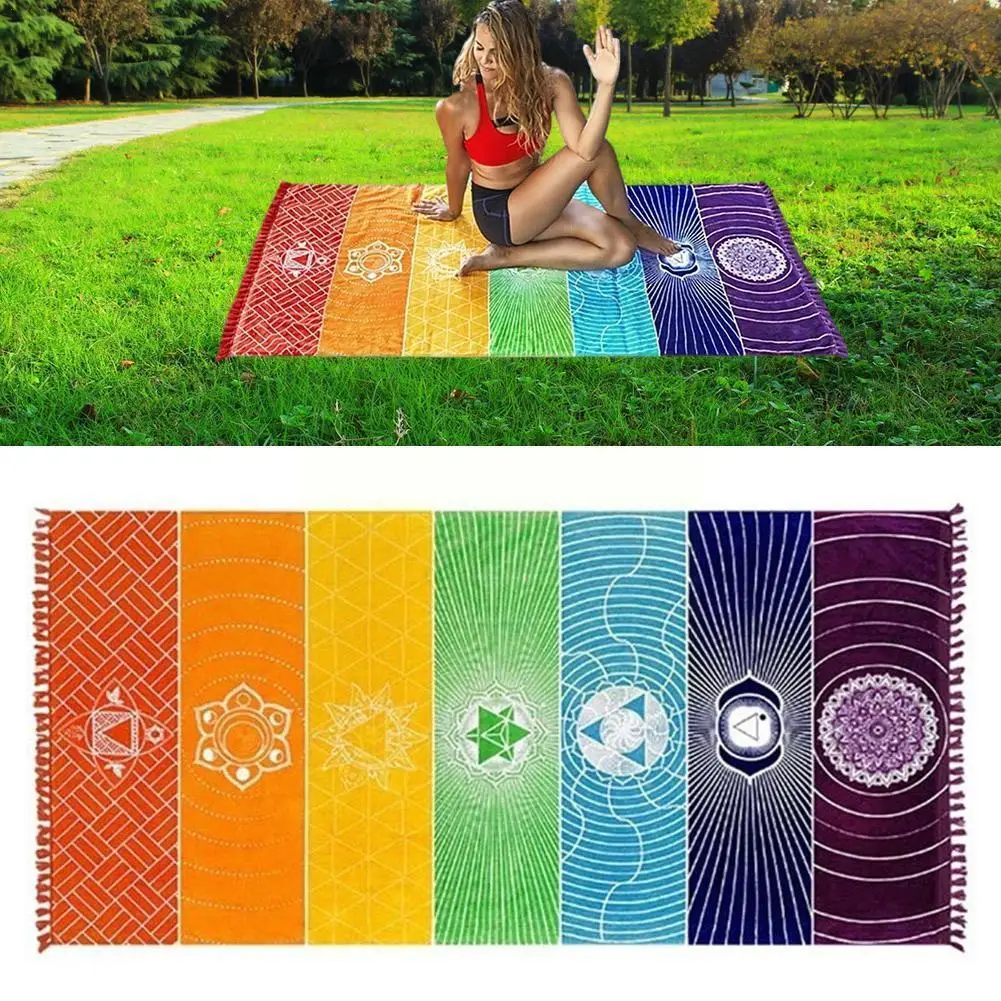 

Tassels Single Rainbow Chakra Tapestry Towel Mandala Polyester Stripes Blanket Yoga Mat Hang Boho Tapestry Mat Beach Travel W3E1