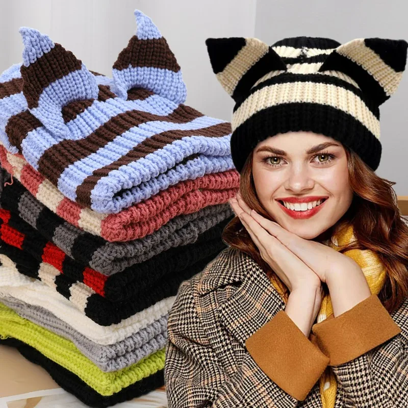 

Cute Cartoon Cat Ear Knitted Hat Bonnets for Women Girl Y2K Little Devil Striped Beanie Couple Caps Winter Warm Hip-hop Cold Cap