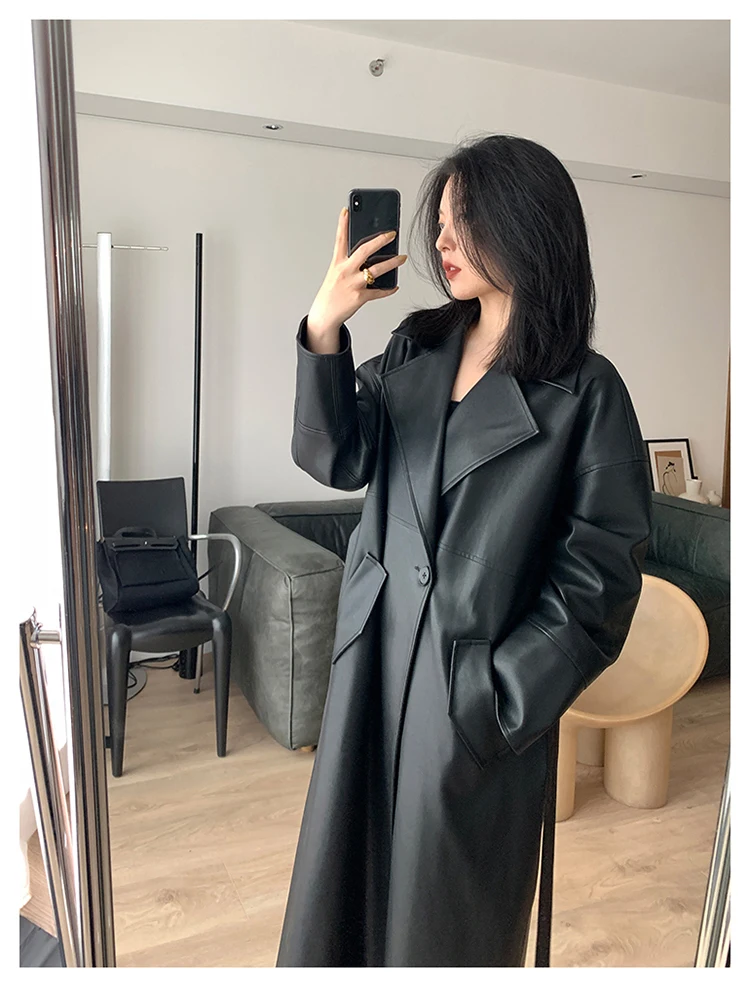 

Spring Autumn Long Oversized Black Leather Trench Coat for Women Sashes Single Button Loose Stylish Korean Fashion 2024