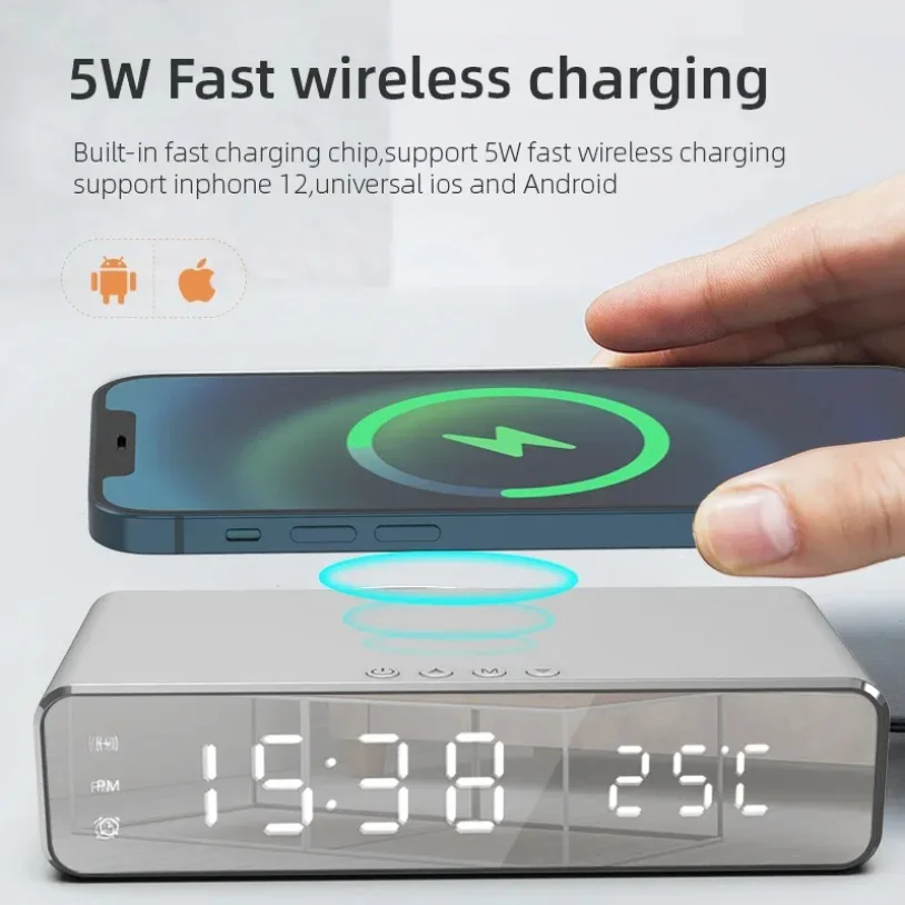 LED Digital Thermometer Wireless Charger Time Alarm Clock Earphone Phone Chargers Fast Charging Dock Station for iPhone Samsung