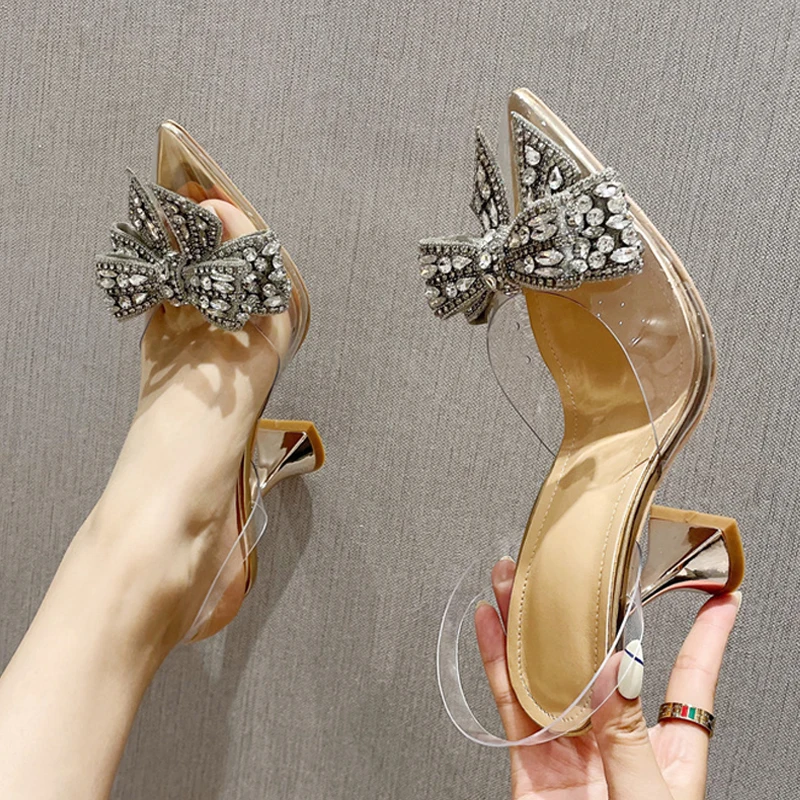 Liyke Fashion Crystal Sequined Bowknot Women Pumps Sexy Pointed Toe High Heels Wedding Prom Shoes Ladies PVC Transparent Sandals platform pumps