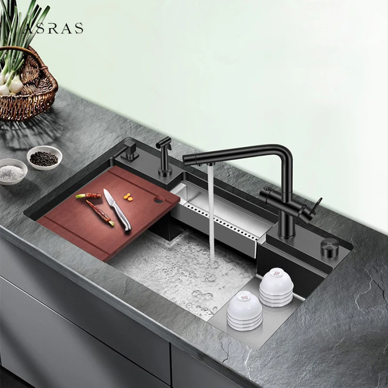 ASRAS Large Size Nanometer Black Kitchen Step Sink SUS 304 Stainless Steel 4mm Thickness Handmade Step Single Kitchen Sinks 2