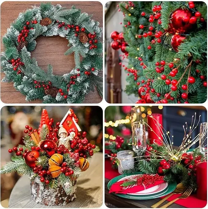 Artificial Berries Christmas Decoration Red Berry Branches for Xmas Tree Party Home Table Ornaments Red Fruit Wreath DIY Gift
