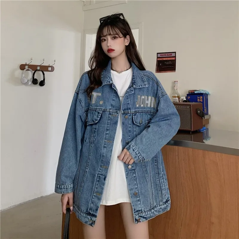 

2023 Autumn New Coat For Women Embroidery Loose Splicing Letter Versatile Appear Thin Single Breasted Lapel Collar Free Shipping