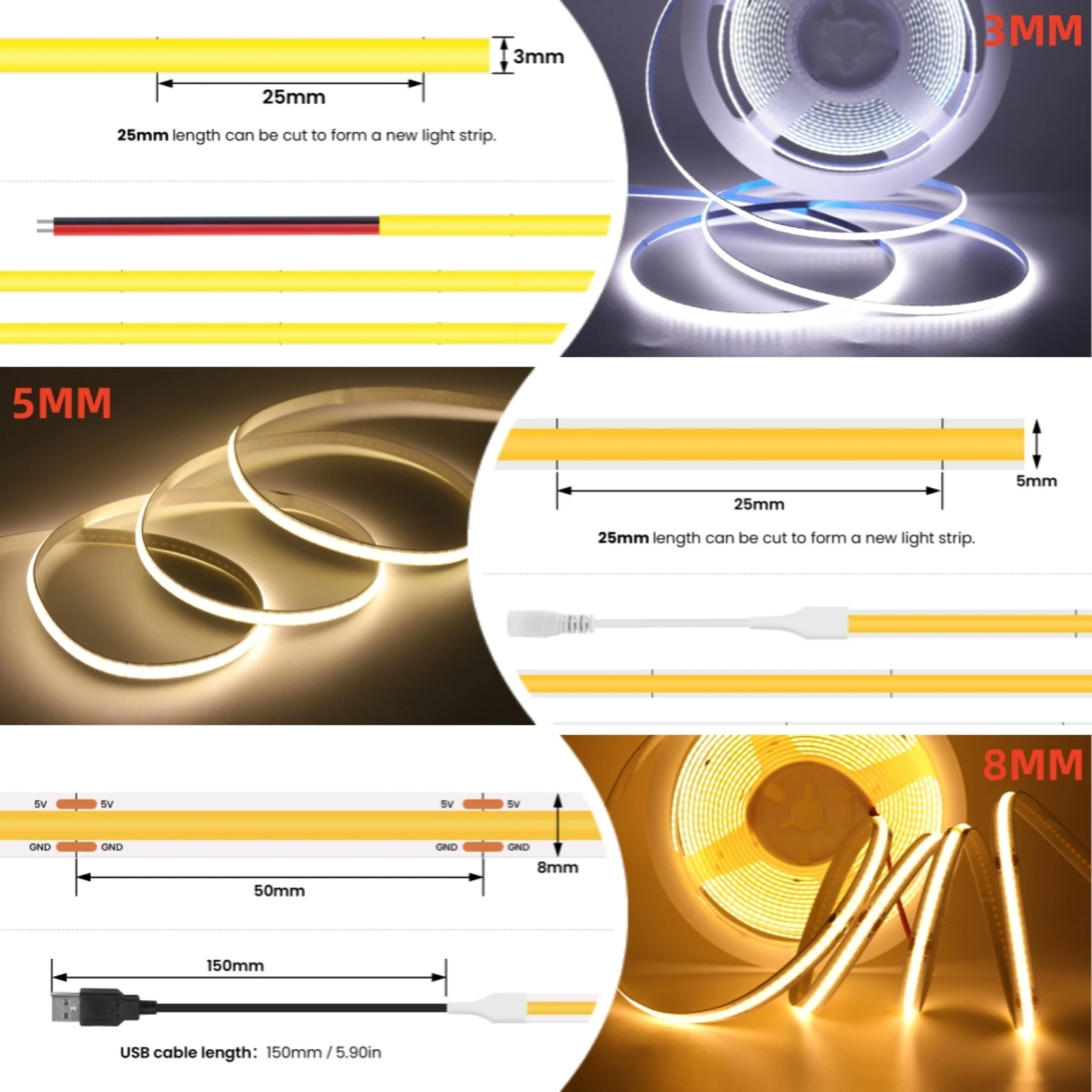 5V 320LEDs/m COB LED Strip Light 3mm 5mm 8mm Ultra Thin RA90 High Bright Flexible LED Tape Lamp Home Linear Lighting