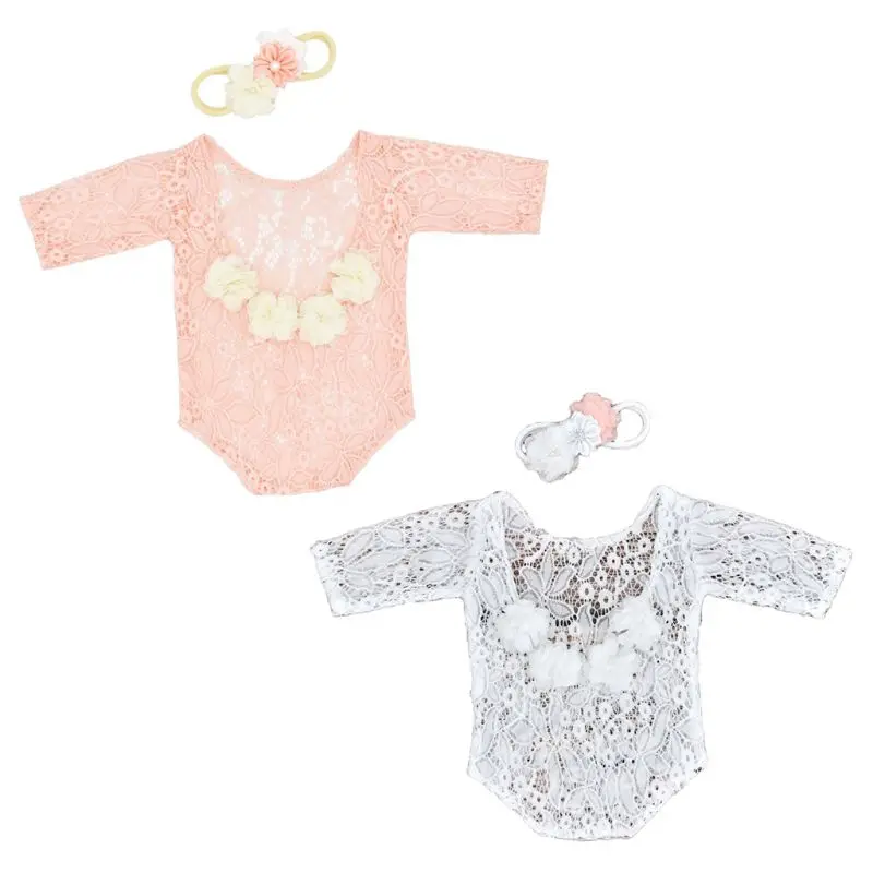 

Infants Flower Hair Band Headdress Long Sleeve Jumpsuit Bodysuit Outfits Baby Flower Pearl Headband Lace Romper Dropship