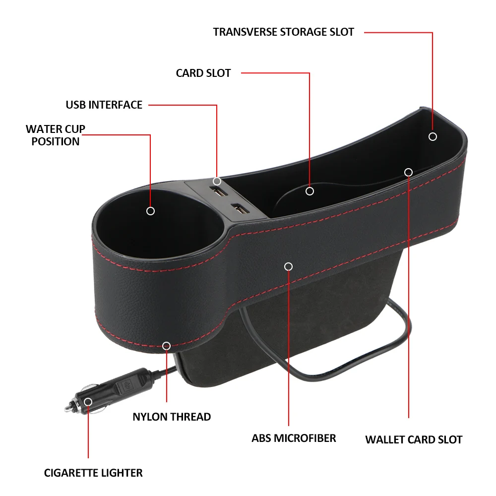 Dual USB Charger Seat Gap Slit Box Leather Car Seat Gap Storage Box Car Organizer Phone Bottle Cups Holder Accessories