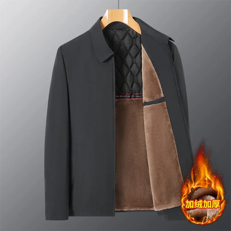 Spring Casual Business Men Jacket Fleece Coats Slim Turn Down Collar Zipper Simple Middle-Aged Elderly Clothes Office Outerwear 4