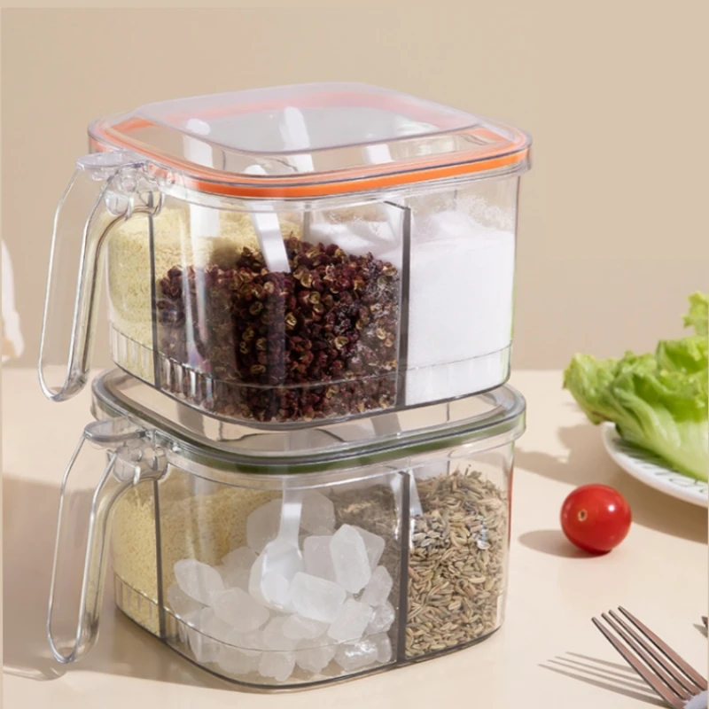 Multi-grid Salt Seasoning Box with Spoons and Sealed Lid Transparent Spice Jar Chili Powder Sugar Bowl Moisture-proof Container,seasoning jar,spices bottle
