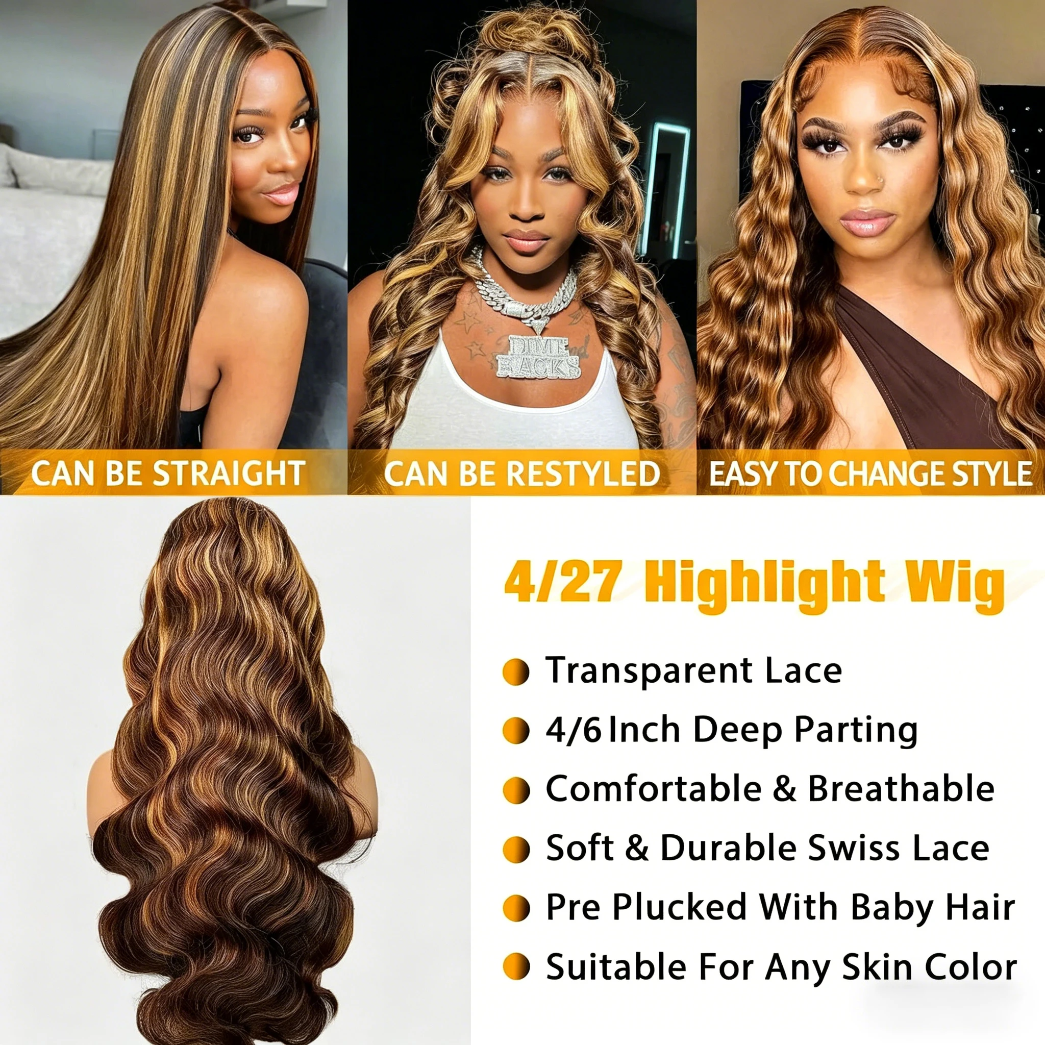  3B 3C Honey Blonde Ombre Lace Front Wig Human Hair Highlight Body Wave HD Lace Front Wigs Human Hair 4/27 Colored 28 Inch 5