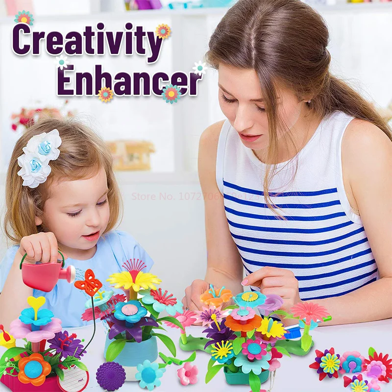 76/148/222pcs Creative Dream Garden Series Flowers Interconnecting Blocks Building Educational Handwork Toys For Kids Girls DIY