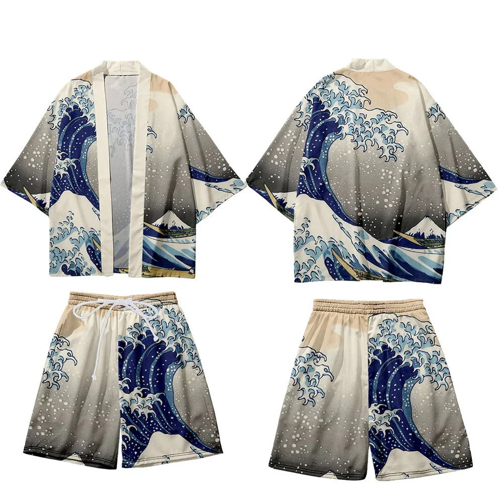 Japanese Kimono Plus Size 5XL Japanese Kimono Cardigan Shorts Set Print Tradition Yukata Haori Cosplay Costume