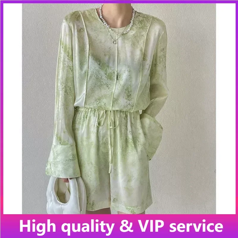 

Top Quality Women Long-sleeved Shorts Suit, Luxury Ink Painting Printed Loose Long-sleeved Shirt Elastic Waist Shorts Suit Women