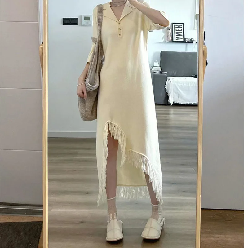 

2023 Summer Autumn Y2K Fashion Party Dress Harajuku Tassels All Match Vestidos De Fiesta Solid Short Sleeve Chic Female Clothes
