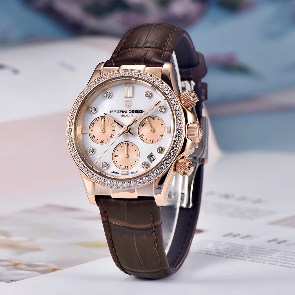 PAGANI DESIGN Women's Watches Gold Quartz Wristwatches Chronograph Watch For Women Leather Waterproof Sapphire Glass Reloj Mujer