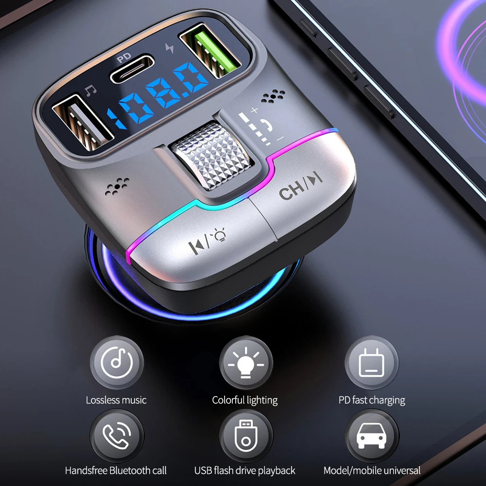 Bluetooth 5.3 Car FM Transmitter Wireless Bluetooth Car Adapter MP3 Player Handsfree Call Dual USB PD Fast Charger Roller Wheel