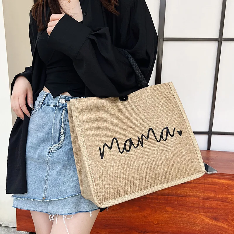 Stor kapacitet Tote Kvinnor Brev Casual Portable Mode Linne Handväska Shopping Axelväska för Business School arbete_voghion.com