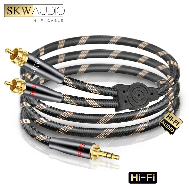 Аудиокабель SKW HIFI 3,5 мм в 2 RCA, штекер-штекер, Позолоченный разъем 24K, нейлоновая оплетка Preimium, Φ