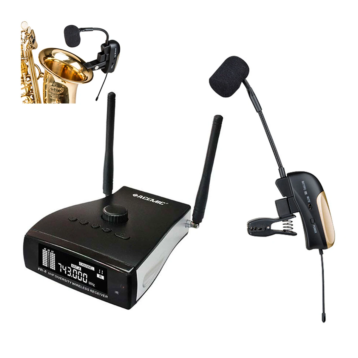 Wireless Saxophone Microphone System for Saxophonist Stage Performance 3 Echo Reverb Acemic PR-8/ST-4