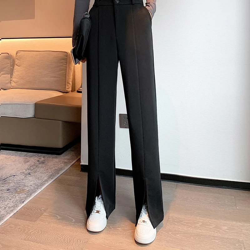 

Casual High Waist Button Wide-Leg Pants Women's Autumn Loose Women's Floor-To-Ceiling Split Trousers Straight Women's Pants New