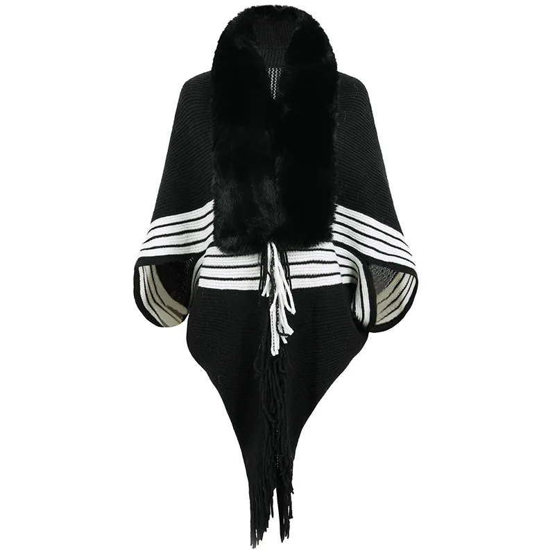 

Накидка-пончо с бахромой Женская шаль Осень-зима вязаный полосатый шарф из искусственной шерсти модное пальто женский кардиган черный