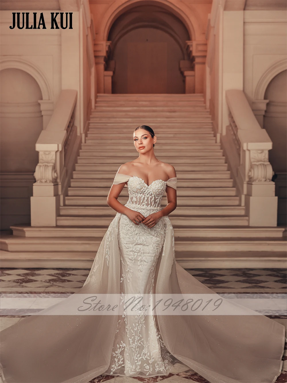 Elegant Shiny Tulle Off Shoulder Sweetheart Mermaid Wedding Dresses Beading Embroidery Appliques Lace 2 In 1 Bridal Gown 2