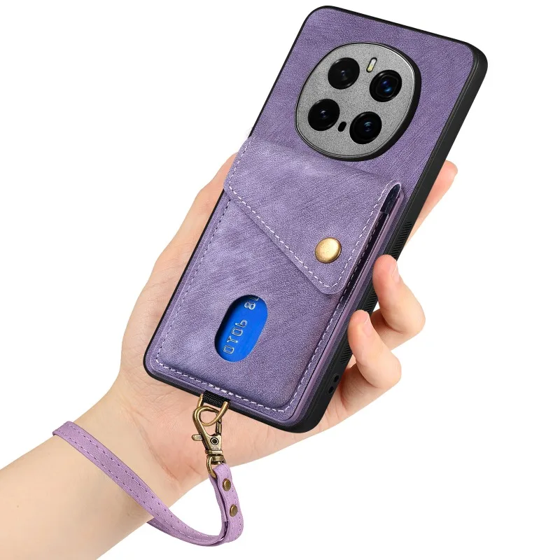 PU Leather Flip Wallet Card Holder Case with Stand, Lanyard, and Shockproof Bumper Cover