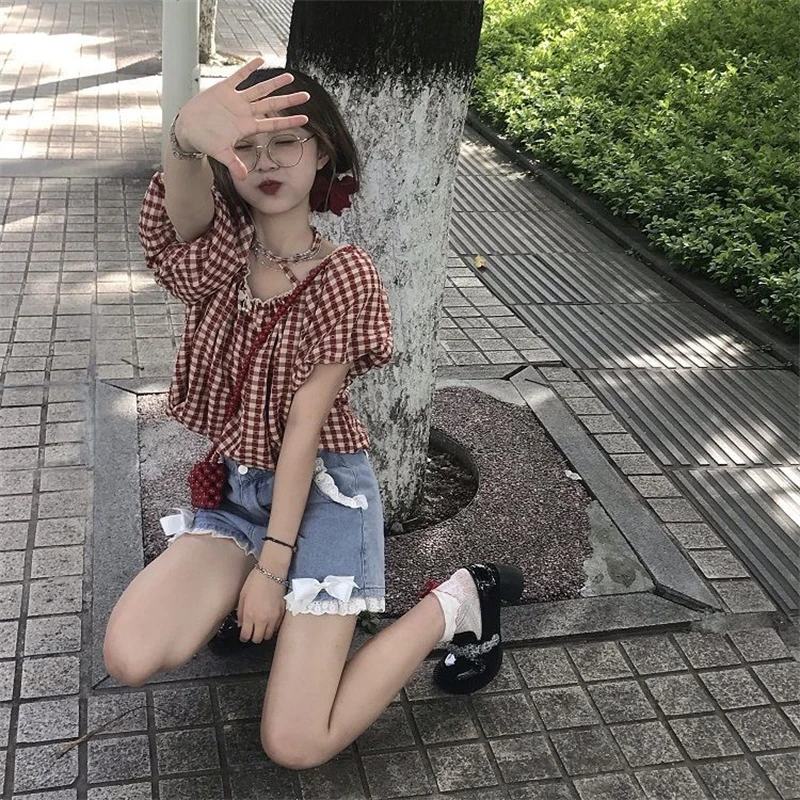 Summer Women's Cute Bow Tie Lace Denim Shorts Sweet Girl Street High Waist Trousers Female Fashion Wide Leg Straight Mini Pants