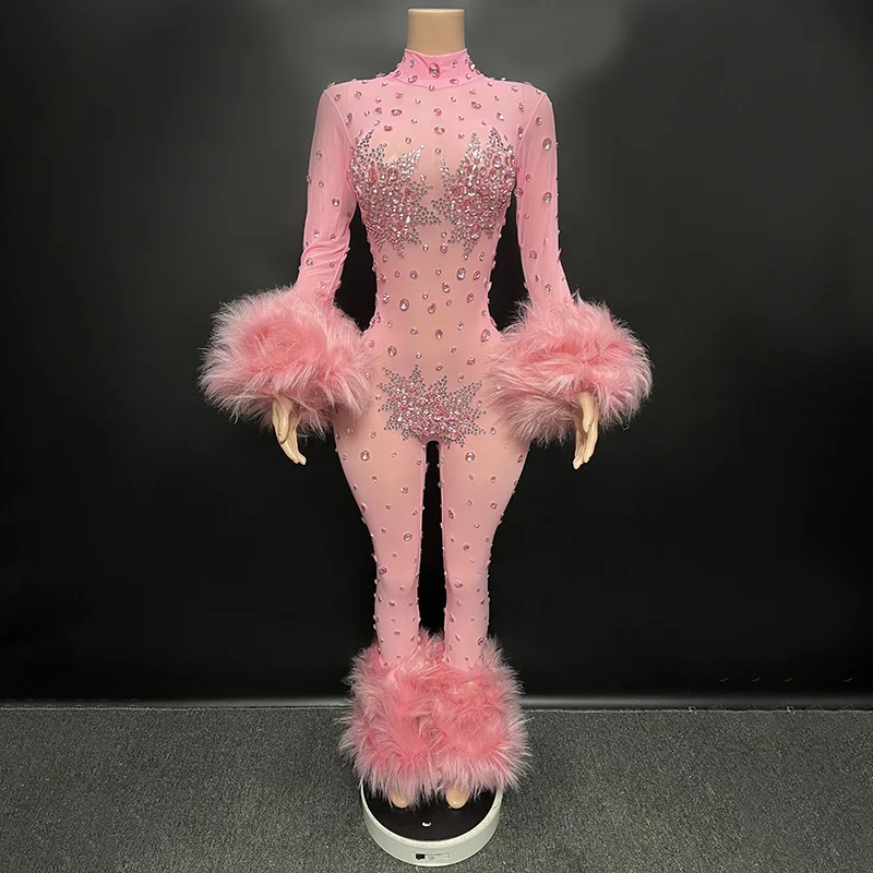 Luxury Shining Diamonds Rhinestones Pink Feathers Long Sleeve Sexy Bodycon Jumpsuit Evening Dress Singer Stage Show Dress