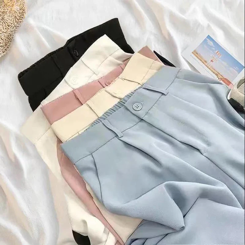 

Women Fashion Suit Pant High Waist Casual Loose Straight Solid Trouser Office Lady Streetwear Button Up Elastic Nine Points Pant