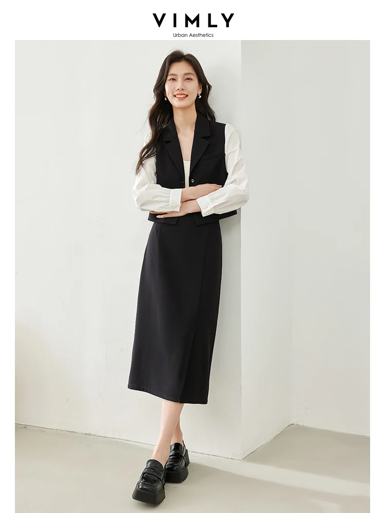 Vimly 블랙 심플 스커트 세트, 오피스 레이디스, 2024 용수철 스플라이스, 탑 스플릿 미디 스커트, 2 피스 세트, 여성 의상, M5910