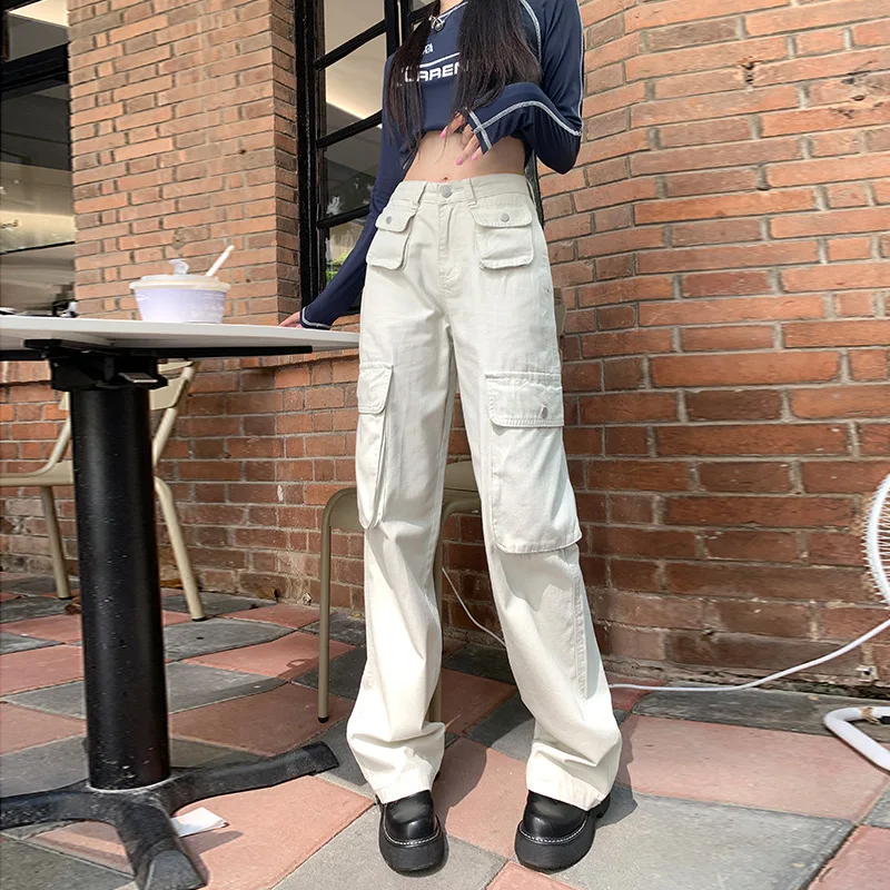 

High Street Cargo Pants Women Solid High Waist Casual Straight Trouser with Pocket Retro Cool Autumn Winter Loose Wide Leg Pants