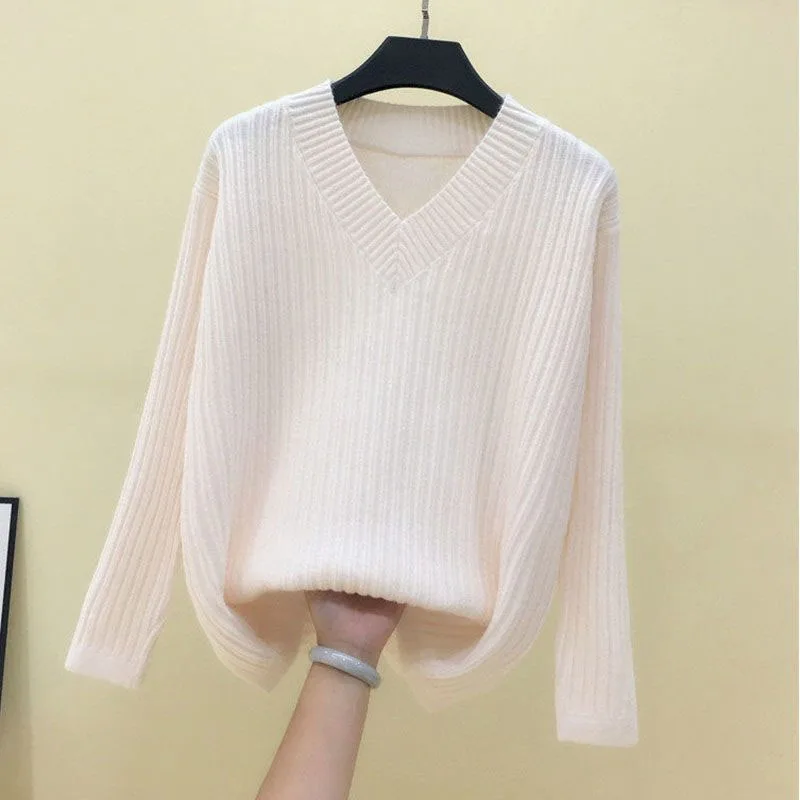 

New Autumn/Winter Fashion Trend Korean V-neck Solid Color Loose Versatile Slim and Fashionable Long Sleeve Women's Sweater